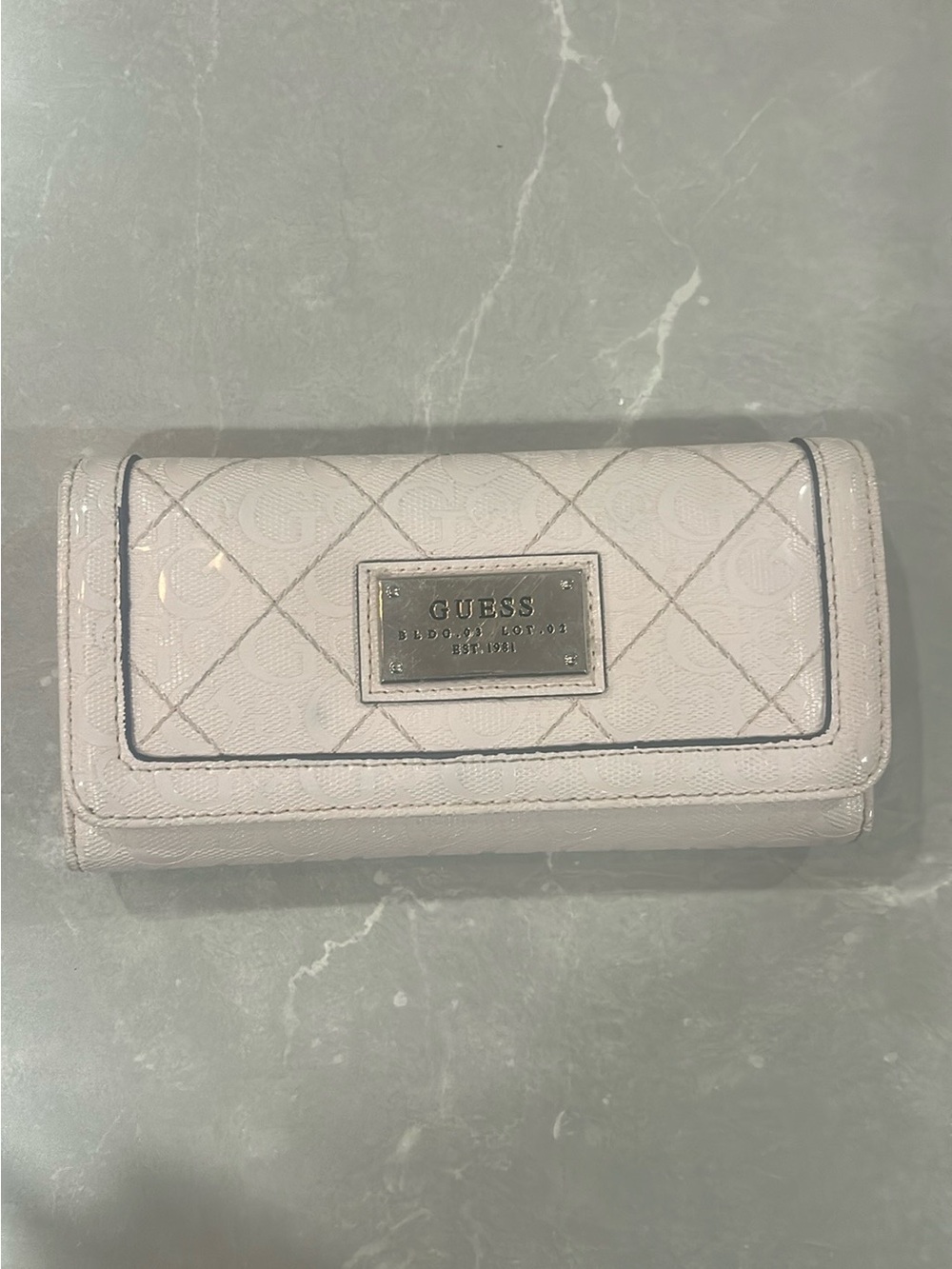 GUESS Quilted Logo Trifold Wallet in Pale Pink with Silver Plaque